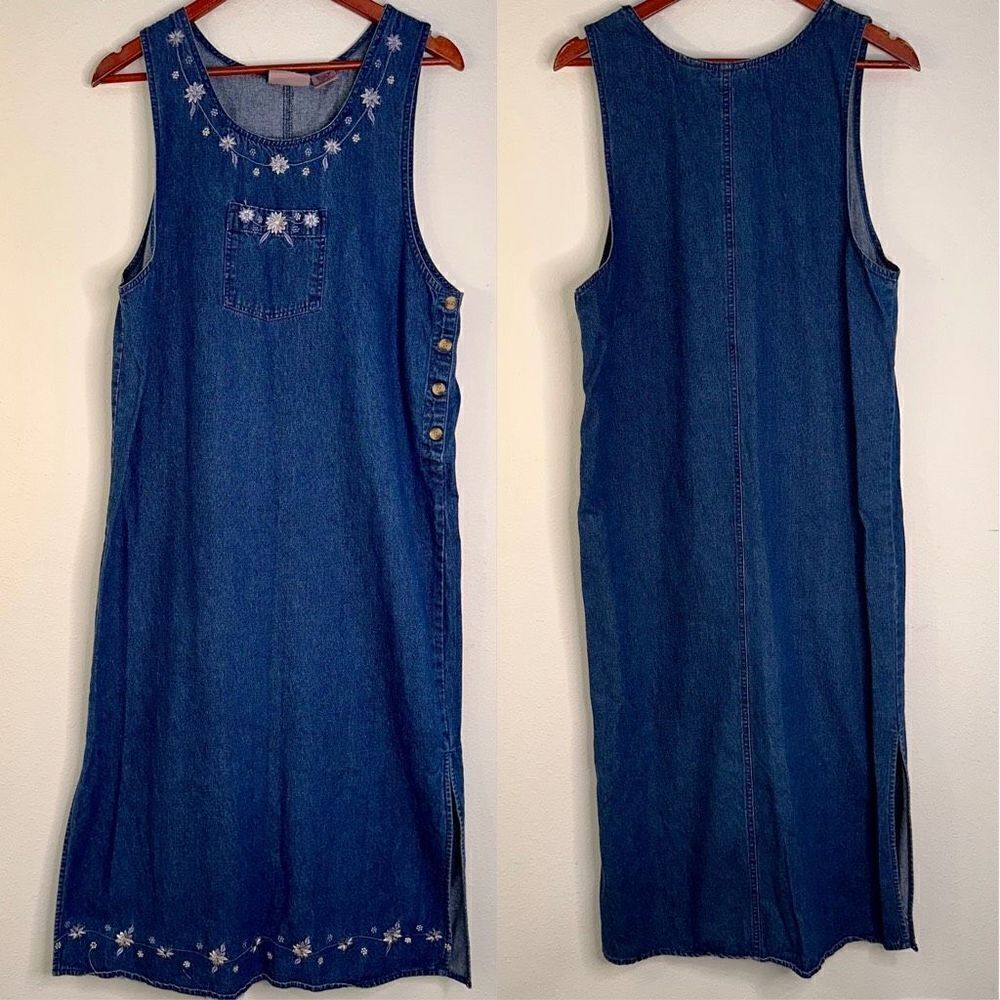 Vintage 90s Premier International Floral Embroidered Denim Maxi Dress Cottage